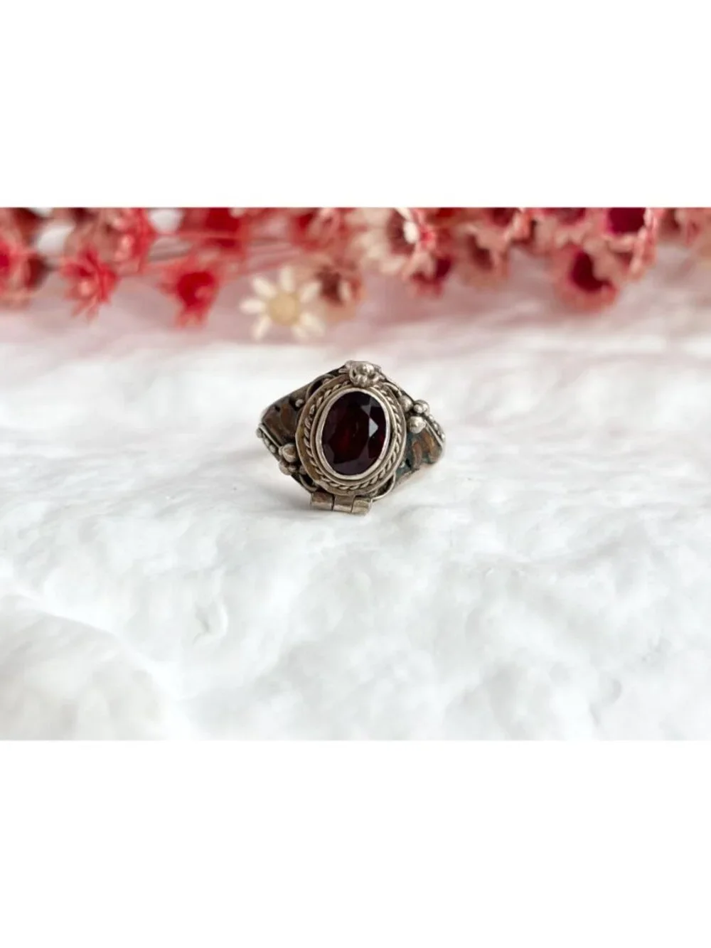 Poison Box Art Deco Style Hinged Garnet Sterling Silver 925 Vintage Ring sz 5.25